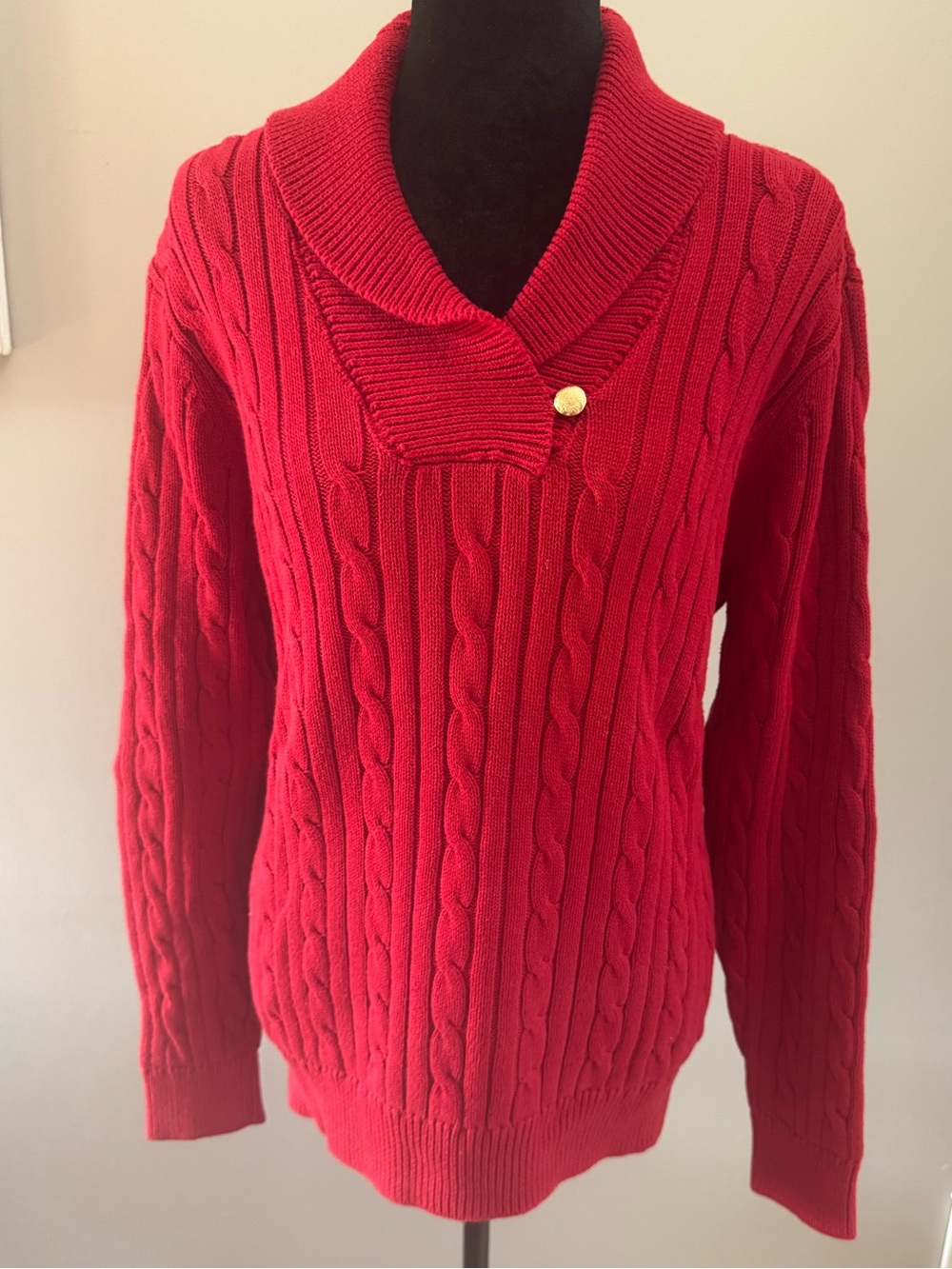 Chaps Cable-Knit Shawl Collar Sweater with Gold Button